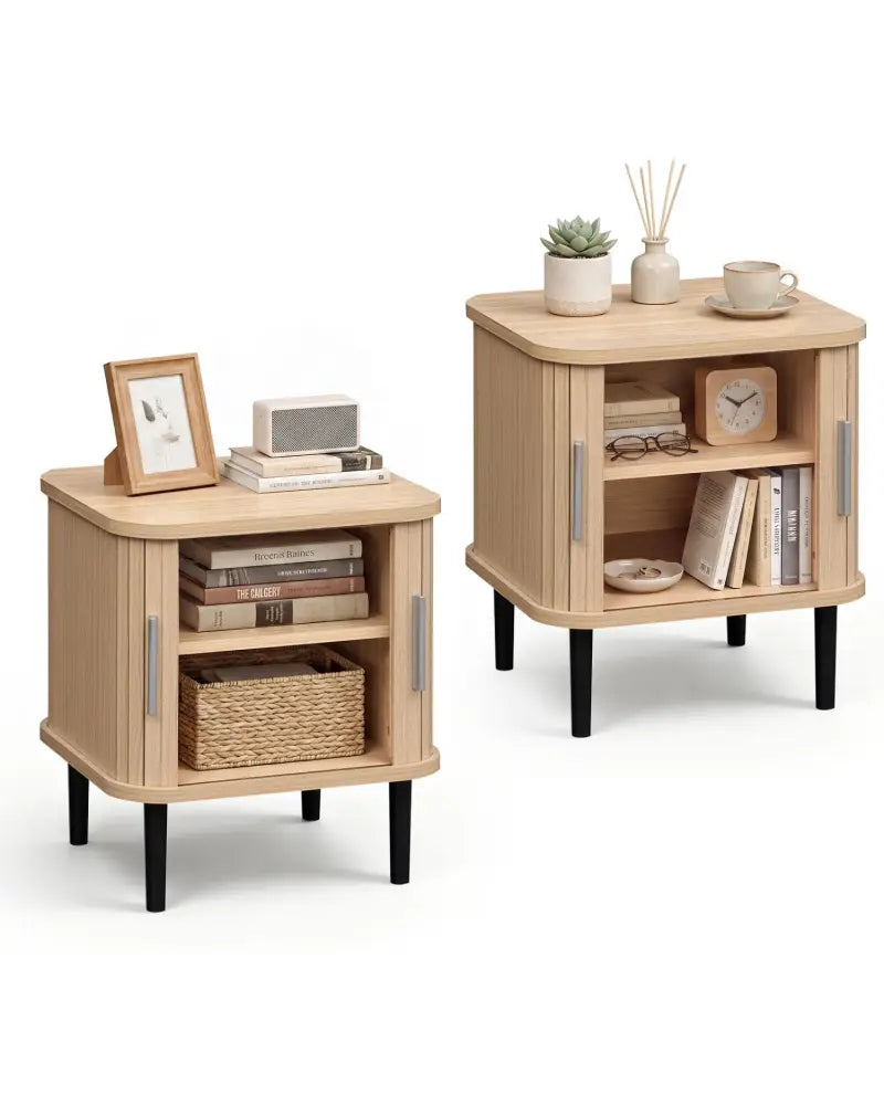 Set of 2 Fluted Nightstand with Sliding Doors and Adjustable Shelf for Small Spaces-Natural - Natural - Nightstands