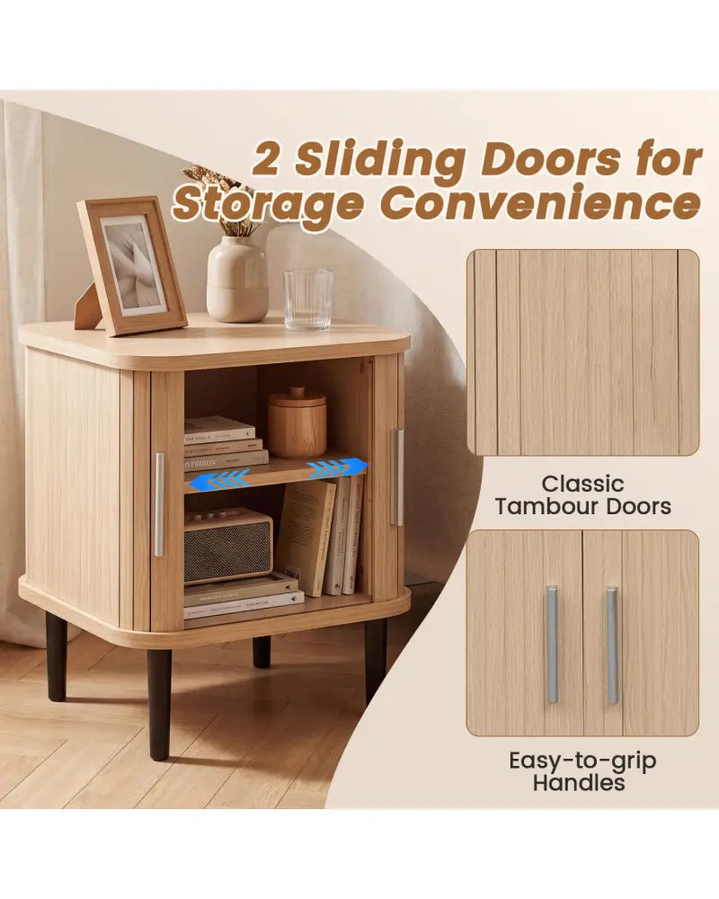 Set of 2 Fluted Nightstand with Sliding Doors and Adjustable Shelf for Small Spaces-Natural - Natural - Nightstands