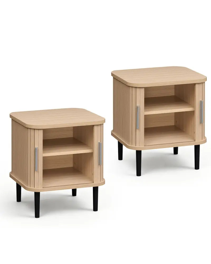 Set of 2 Fluted Nightstand with Sliding Doors and Adjustable Shelf for Small Spaces-Natural - Natural - Nightstands