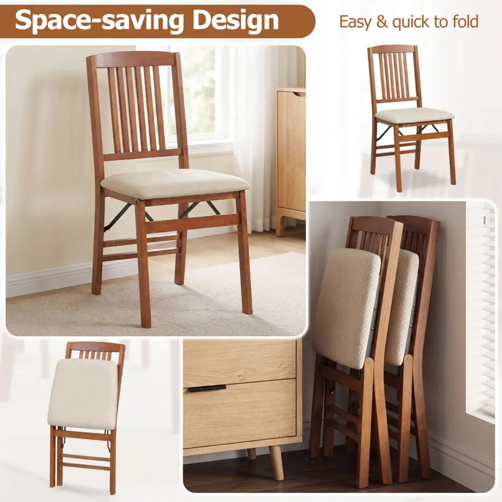 Set of 2 Foldable Upholstered Kitchen Chairs with Padded Seat-Beige - Beige - Dining Chairs