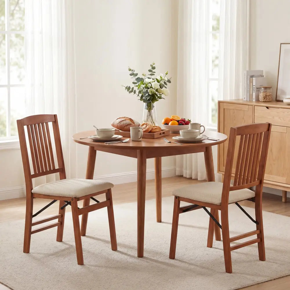 Set of 2 Foldable Upholstered Kitchen Chairs with Padded Seat-Beige - Beige - Dining Chairs