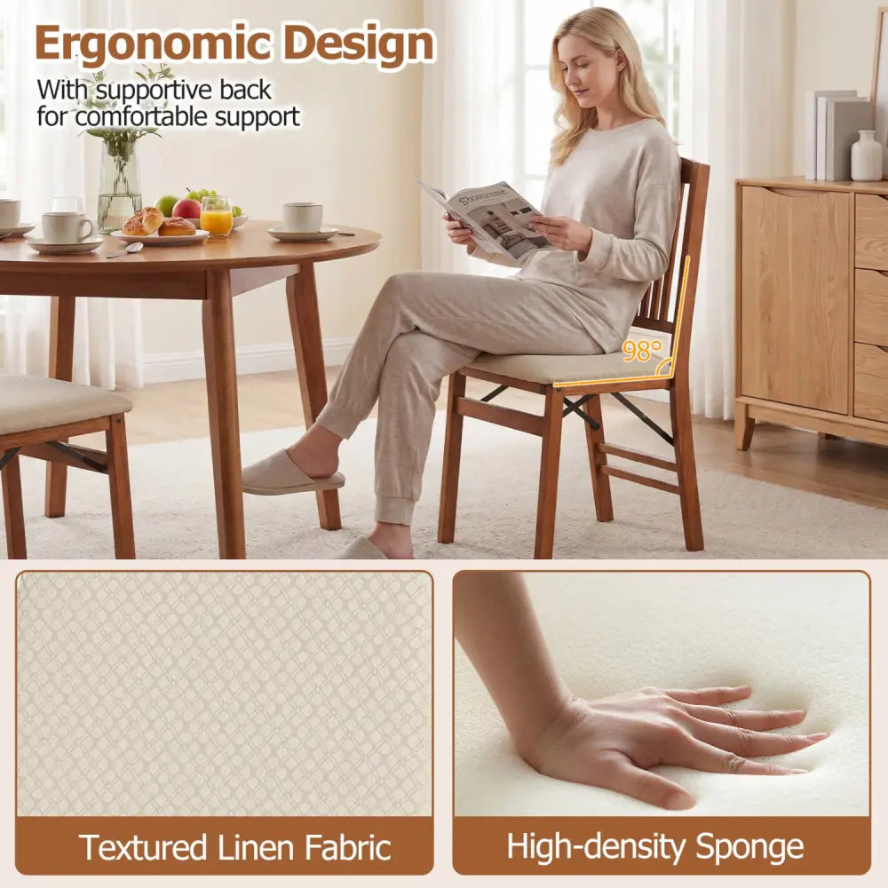 Set of 2 Foldable Upholstered Kitchen Chairs with Padded Seat-Beige - Beige - Dining Chairs