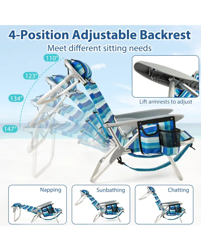 Set of 2 Folding Beach Chair for Adults with 4-Position Adjustable Backrest - Beach & Lawn Chairs