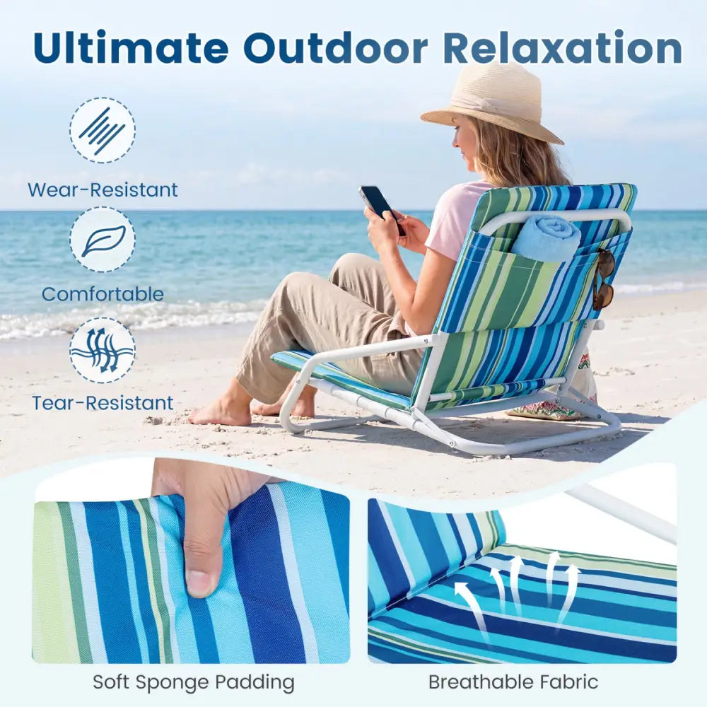Set of 2 Folding Beach Chairs with Sponge Padded Seat for Camping-Navy - Navy - Beach & Lawn Chairs
