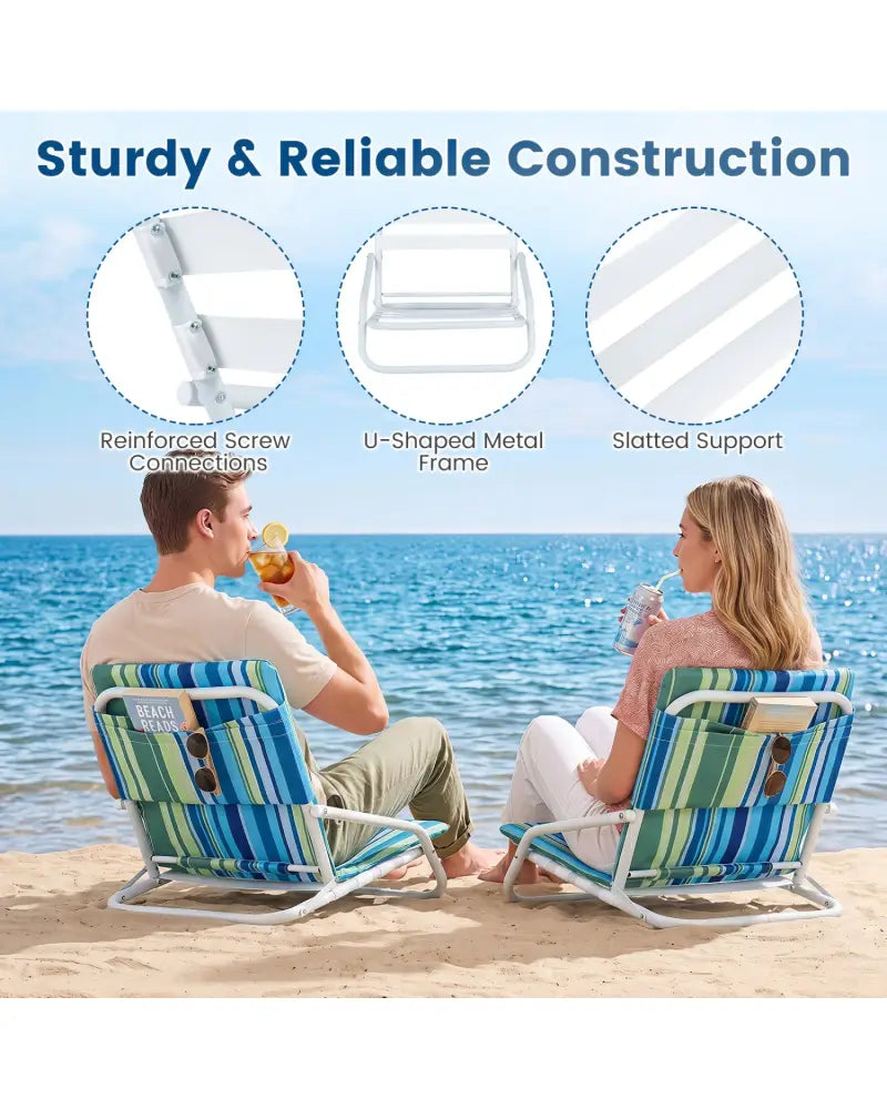 Set of 2 Folding Beach Chairs with Sponge Padded Seat for Camping-Navy - Navy - Beach & Lawn Chairs
