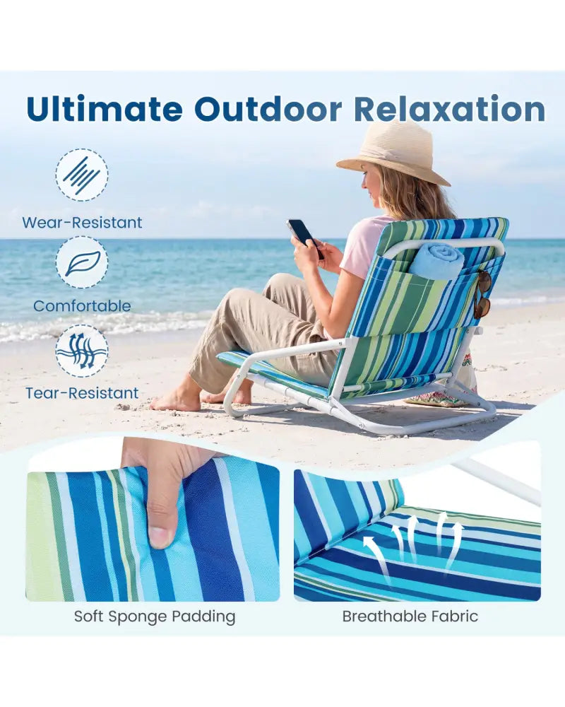 Set of 2 Folding Beach Chairs with Sponge Padded Seat for Camping-Navy - Navy - Beach & Lawn Chairs