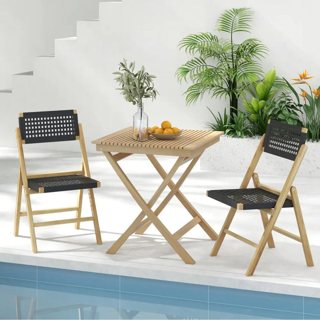 Set of 2 Folding Chairs Indonesia Teak Wood Dining Chairs with Woven Rope Seat and Back - Natural - Patio Dining Chairs