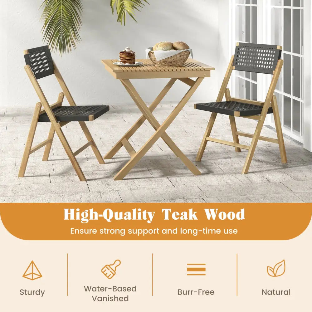 Set of 2 Folding Chairs Indonesia Teak Wood Dining Chairs with Woven Rope Seat and Back - Natural - Patio Dining Chairs