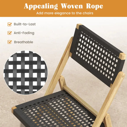 Set of 2 Folding Chairs Indonesia Teak Wood Dining Chairs with Woven Rope Seat and Back - Natural - Patio Dining Chairs