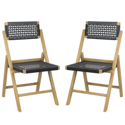 Set of 2 Folding Chairs Indonesia Teak Wood Dining Chairs with Woven Rope Seat and Back - Natural - Patio Dining Chairs