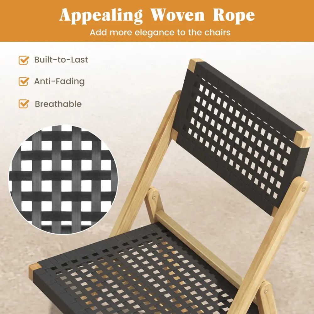 Set of 2 Folding Chairs Indonesia Teak Wood Dining Chairs with Woven Rope Seat and Back - Natural - Patio Dining Chairs