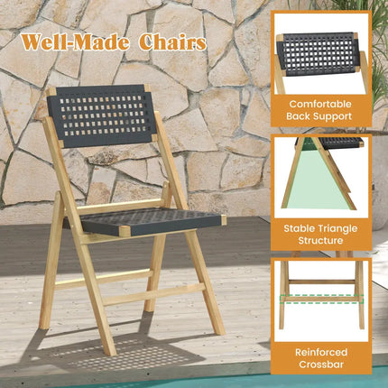 Set of 2 Folding Chairs Indonesia Teak Wood Dining Chairs with Woven Rope Seat and Back - Natural - Patio Dining Chairs