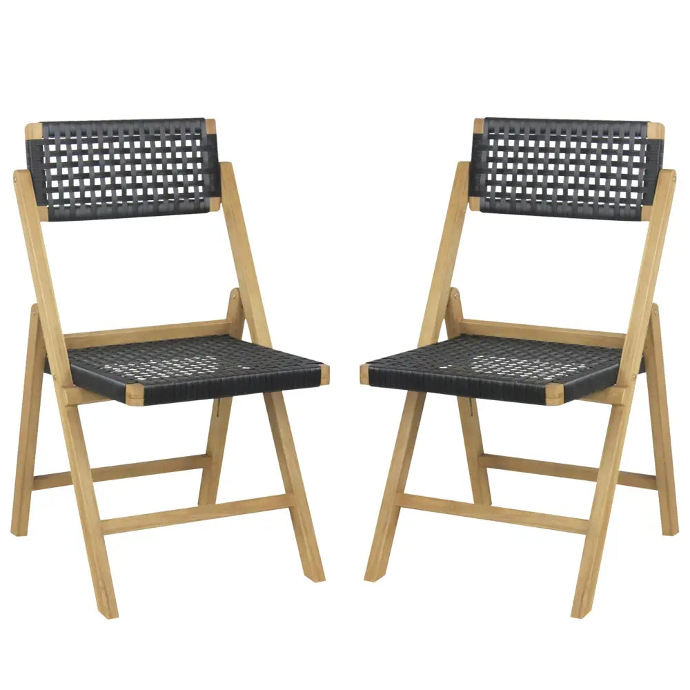 Set of 2 Folding Chairs Indonesia Teak Wood Dining Chairs with Woven Rope Seat and Back - Natural - Patio Dining Chairs