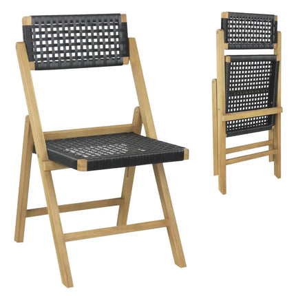Set of 2 Folding Chairs Indonesia Teak Wood Dining Chairs with Woven Rope Seat and Back - Natural - Patio Dining Chairs