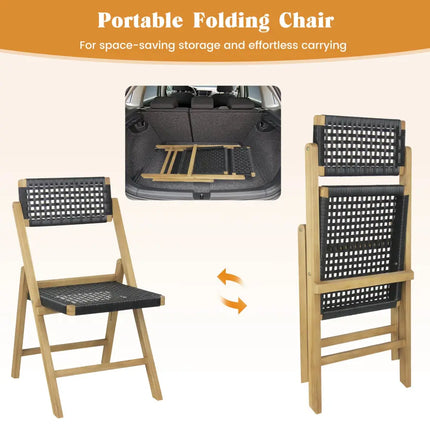Set of 2 Folding Chairs Indonesia Teak Wood Dining Chairs with Woven Rope Seat and Back - Natural - Patio Dining Chairs