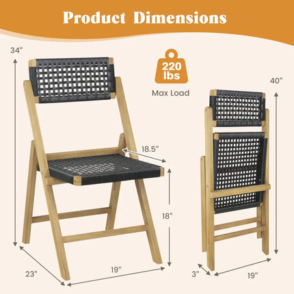 Set of 2 Folding Chairs Indonesia Teak Wood Dining Chairs with Woven Rope Seat and Back - Natural - Patio Dining Chairs
