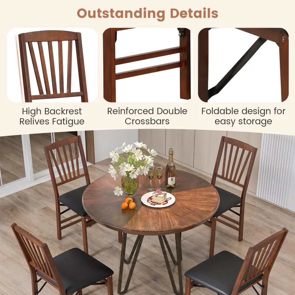 Set of 2 Folding Chairs with Padded Seat and Rubber Wood Frame-Brown - Brown - Dining Chairs