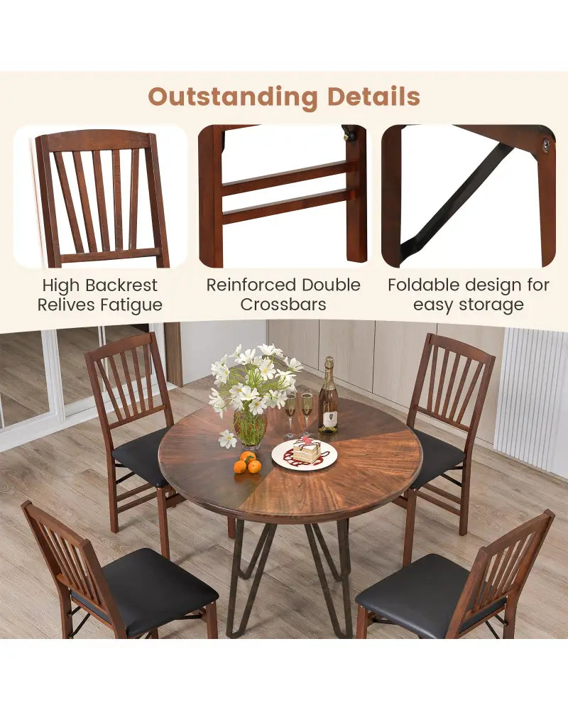 Set of 2 Folding Chairs with Padded Seat and Rubber Wood Frame-Brown - Brown - Dining Chairs