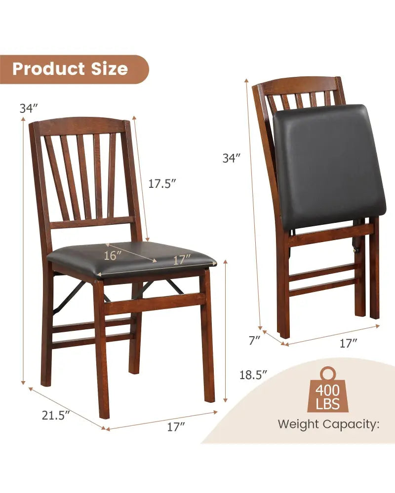 Set of 2 Folding Chairs with Padded Seat and Rubber Wood Frame-Brown - Brown - Dining Chairs