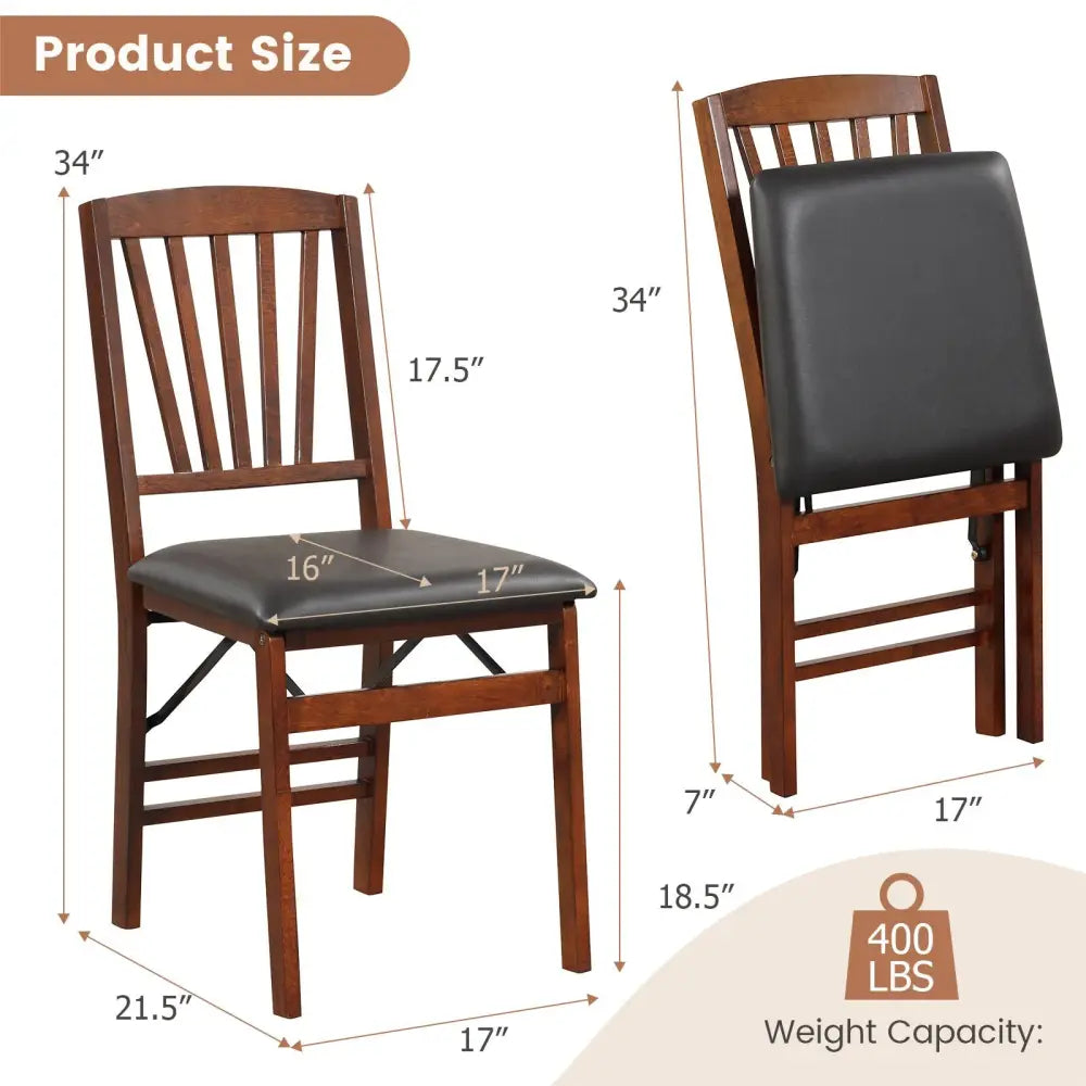Set of 2 Folding Chairs with Padded Seat and Rubber Wood Frame-Brown - Brown - Dining Chairs
