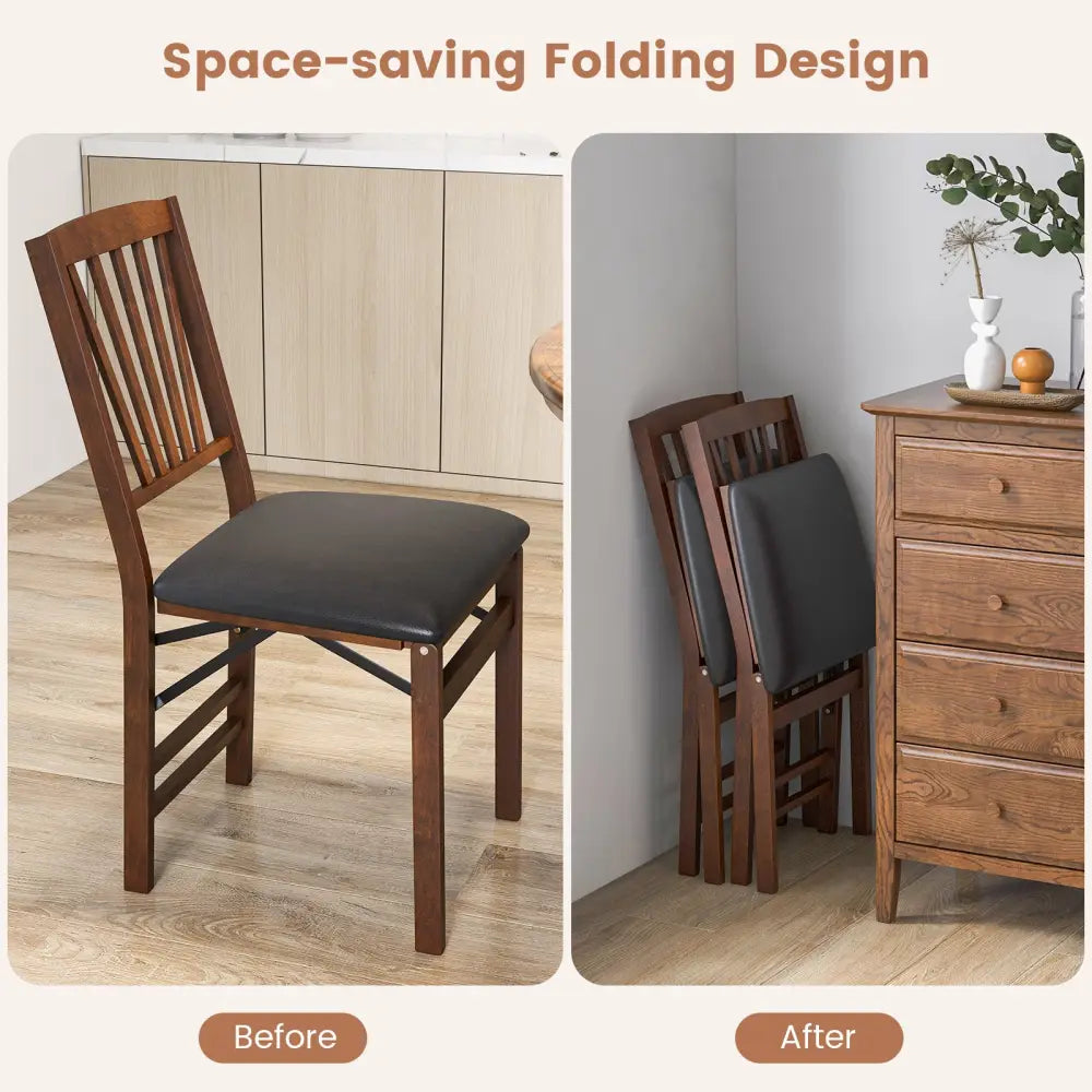 Set of 2 Folding Chairs with Padded Seat and Rubber Wood Frame-Brown - Brown - Dining Chairs