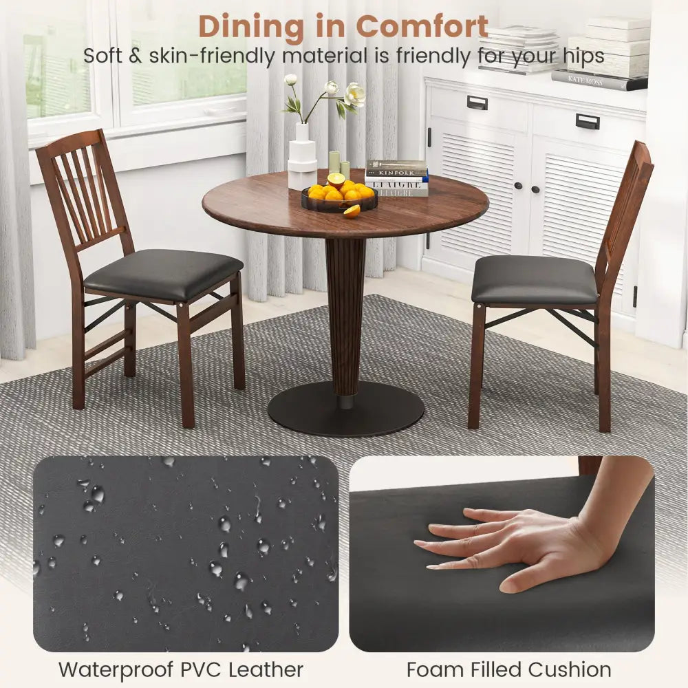 Set of 2 Folding Chairs with Padded Seat and Rubber Wood Frame-Brown - Brown - Dining Chairs