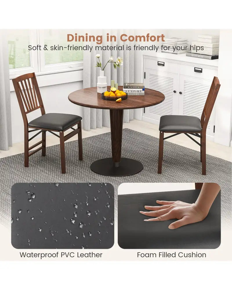 Set of 2 Folding Chairs with Padded Seat and Rubber Wood Frame-Brown - Brown - Dining Chairs
