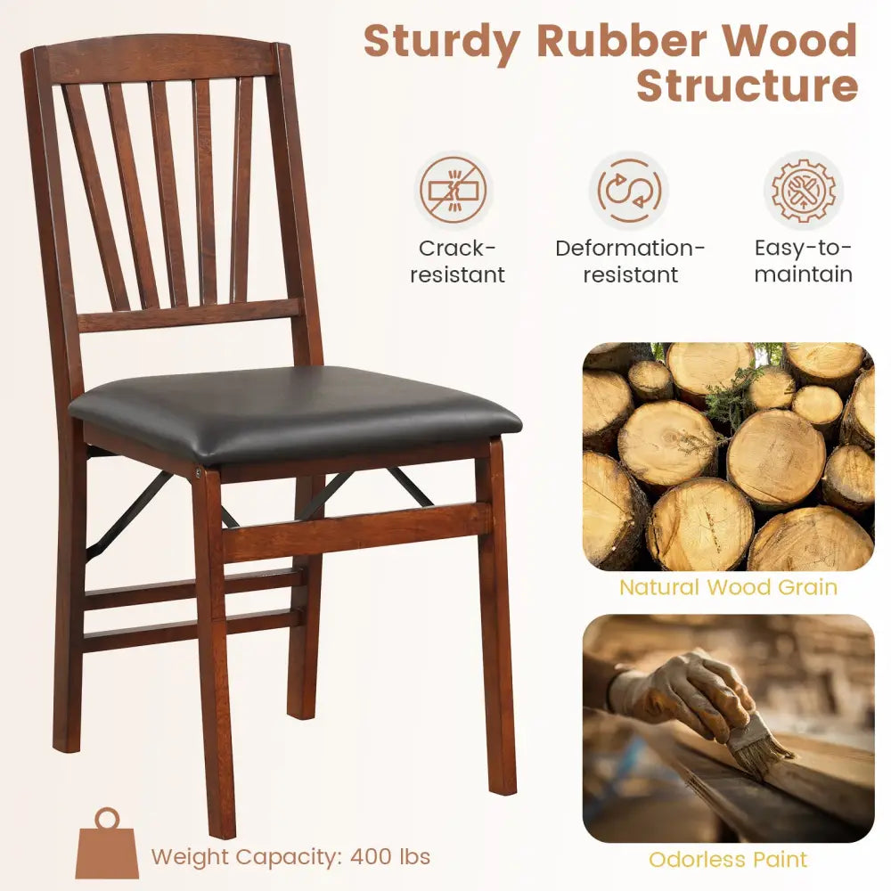Set of 2 Folding Chairs with Padded Seat and Rubber Wood Frame-Brown - Brown - Dining Chairs