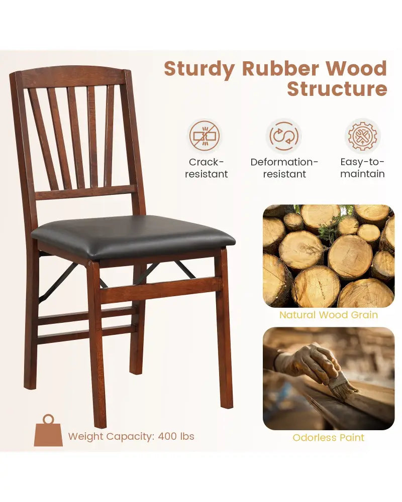 Set of 2 Folding Chairs with Padded Seat and Rubber Wood Frame-Brown - Brown - Dining Chairs