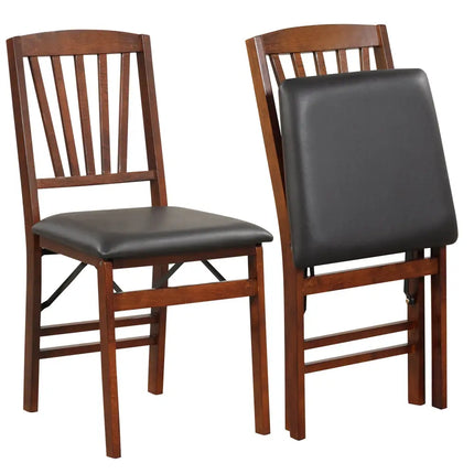 Set of 2 Folding Chairs with Padded Seat and Rubber Wood Frame-Brown - Brown - Dining Chairs