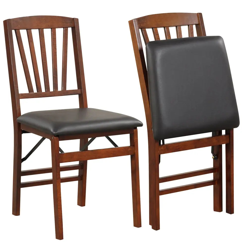 Set of 2 Folding Chairs with Padded Seat and Rubber Wood Frame-Brown - Brown - Dining Chairs
