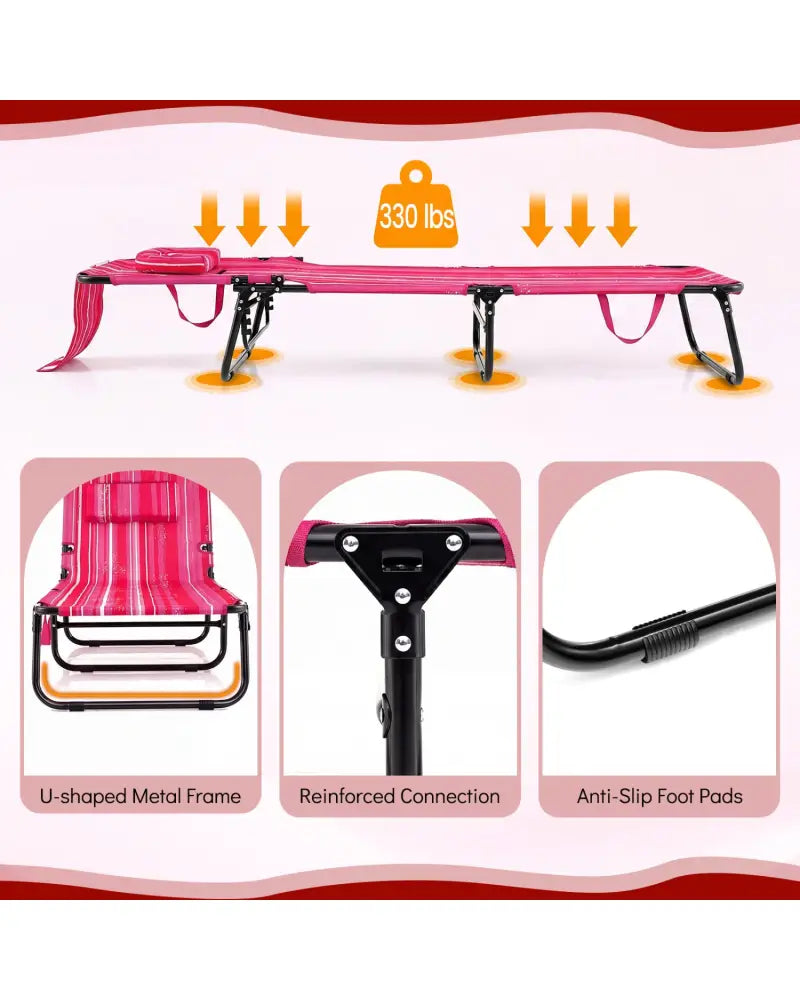 Set of 2 Folding Face Down Tanning Chair with Face Hole 3 Removable Pillows-Pink Stripe - Pink Stripe - Outdoor Chaise
