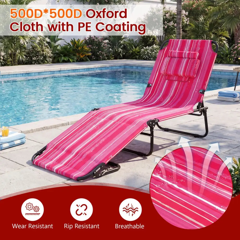Set of 2 Folding Face Down Tanning Chair with Face Hole 3 Removable Pillows-Pink Stripe - Pink Stripe - Outdoor Chaise