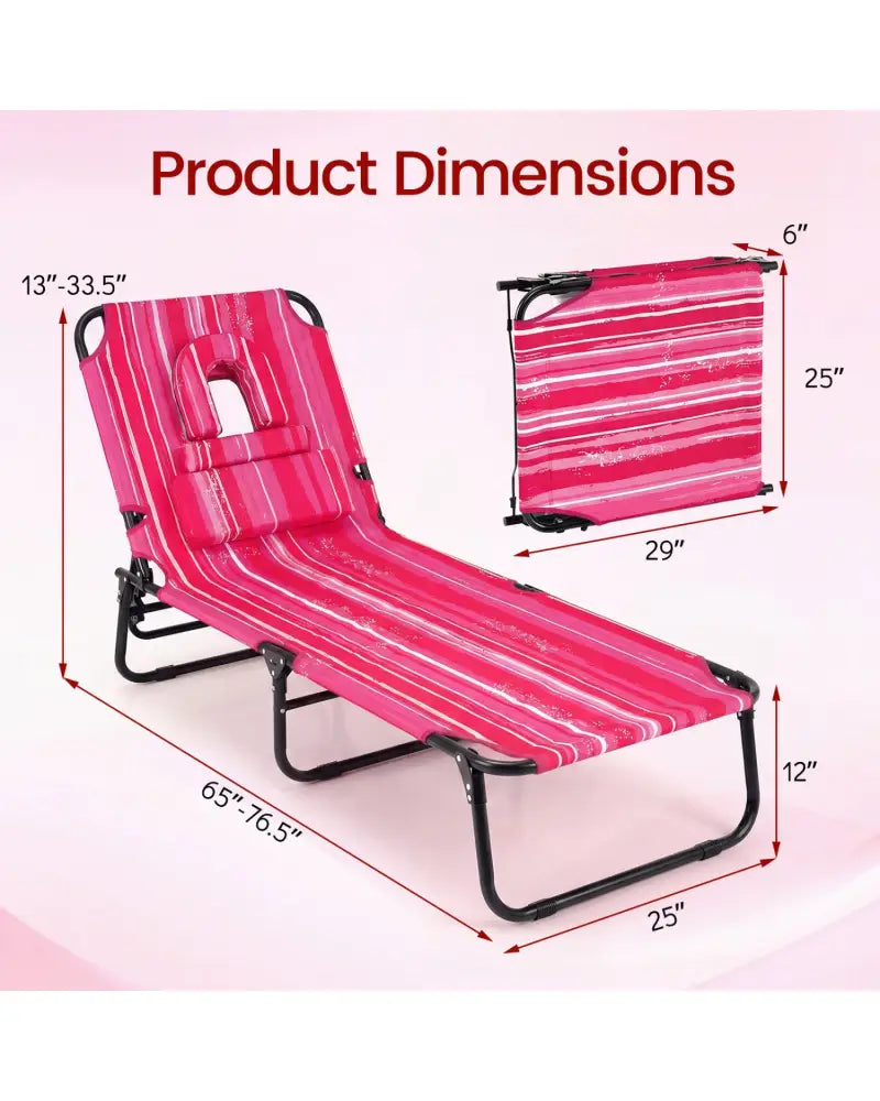 Set of 2 Folding Face Down Tanning Chair with Face Hole 3 Removable Pillows-Pink Stripe - Pink Stripe - Outdoor Chaise