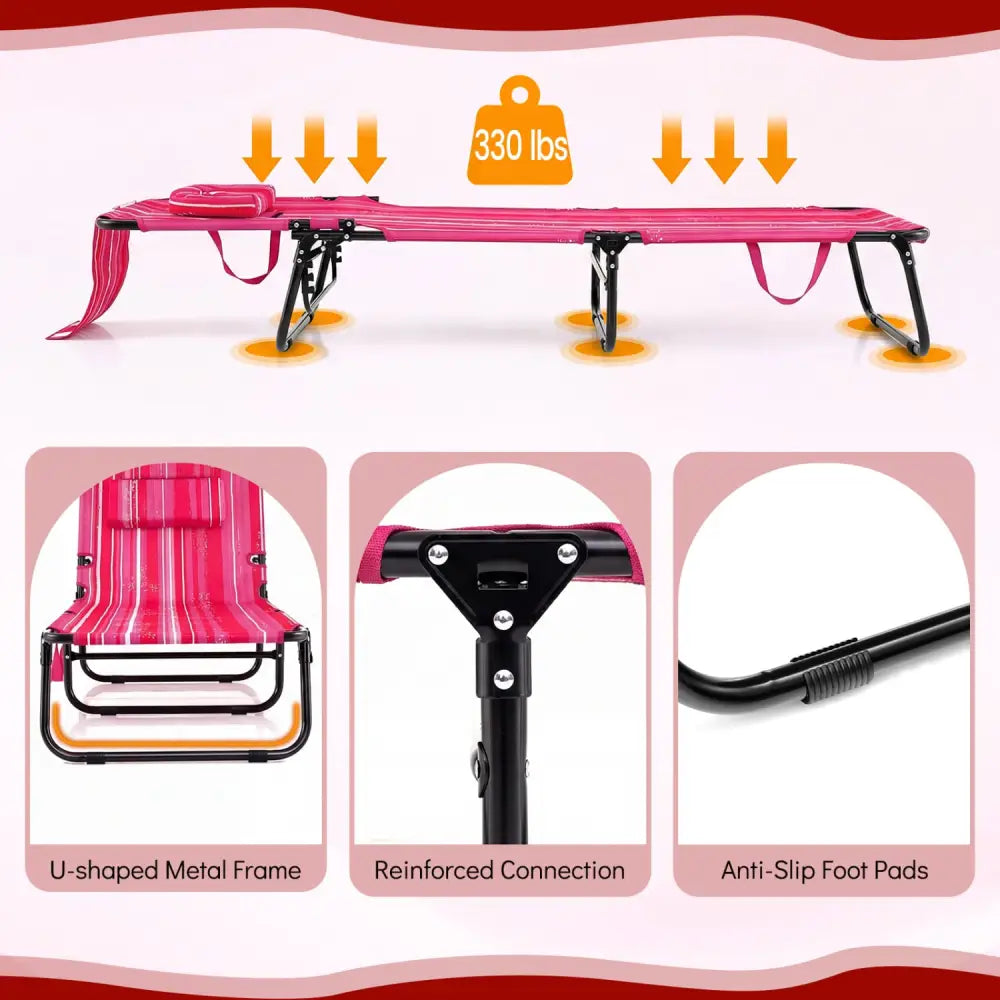 Set of 2 Folding Face Down Tanning Chair with Face Hole 3 Removable Pillows-Pink Stripe - Pink Stripe - Outdoor Chaise