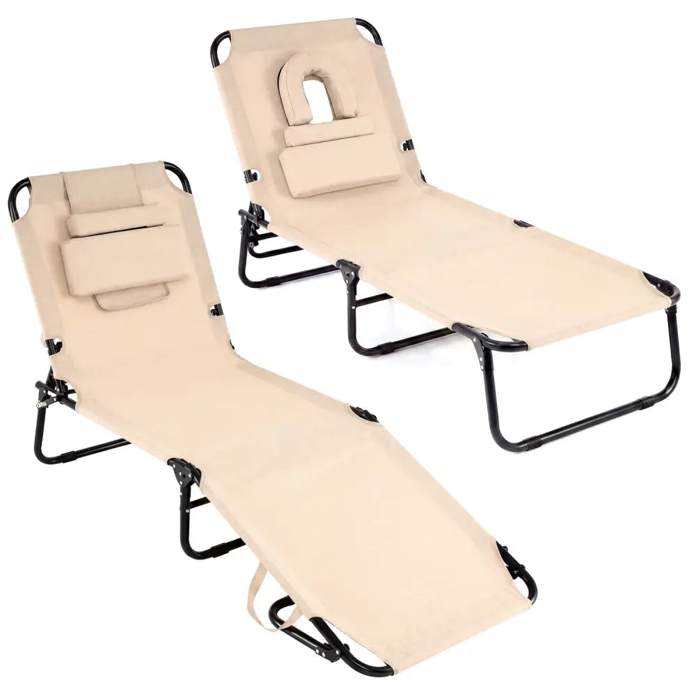 Set of 2 Folding Face Down Tanning Chair with Face Hole 3 Removable Pillows-Beige - Beige - Beach & Lawn Chairs