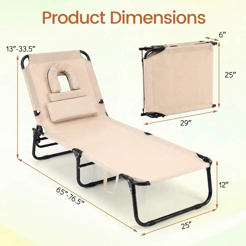 Set of 2 Folding Face Down Tanning Chair with Face Hole 3 Removable Pillows-Beige - Beige - Beach & Lawn Chairs