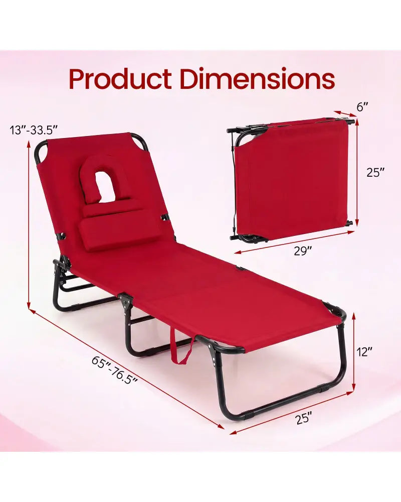 Set of 2 Folding Face Down Tanning Chair with Face Hole 3 Removable Pillows-Red - Red - Outdoor Chaise Lounges