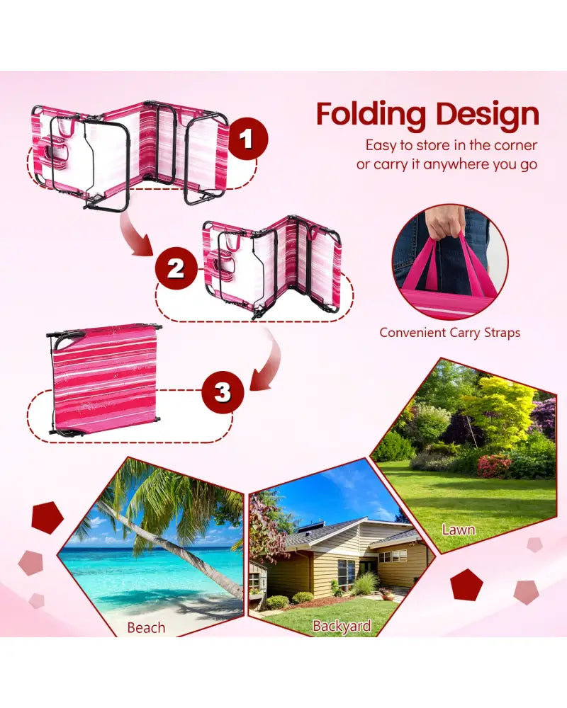 Set of 2 Folding Face Down Tanning Chair with Face Hole 3 Removable Pillows-Pink Stripe - Pink Stripe - Outdoor Chaise