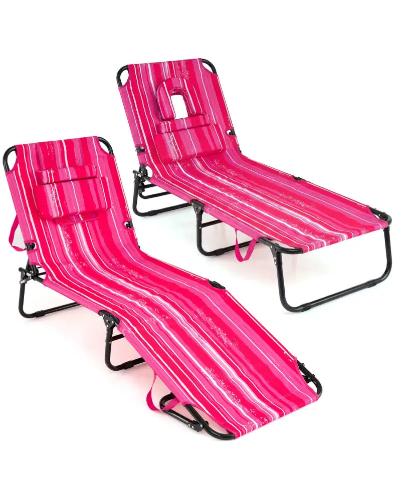 Set of 2 Folding Face Down Tanning Chair with Face Hole 3 Removable Pillows-Pink Stripe - Pink Stripe - Outdoor Chaise