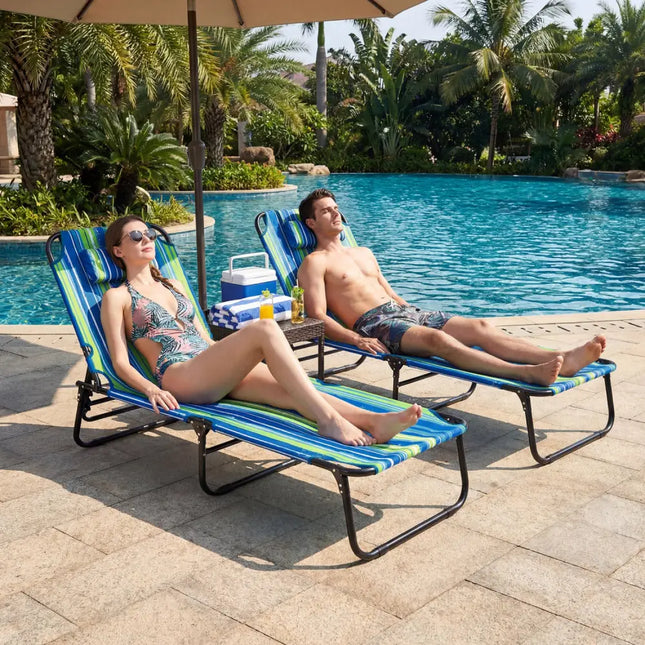 Set of 2 Folding Face Down Tanning Chair with Face Hole 3 Removable Pillows-Blue and Green - Blue & Green - Beach &