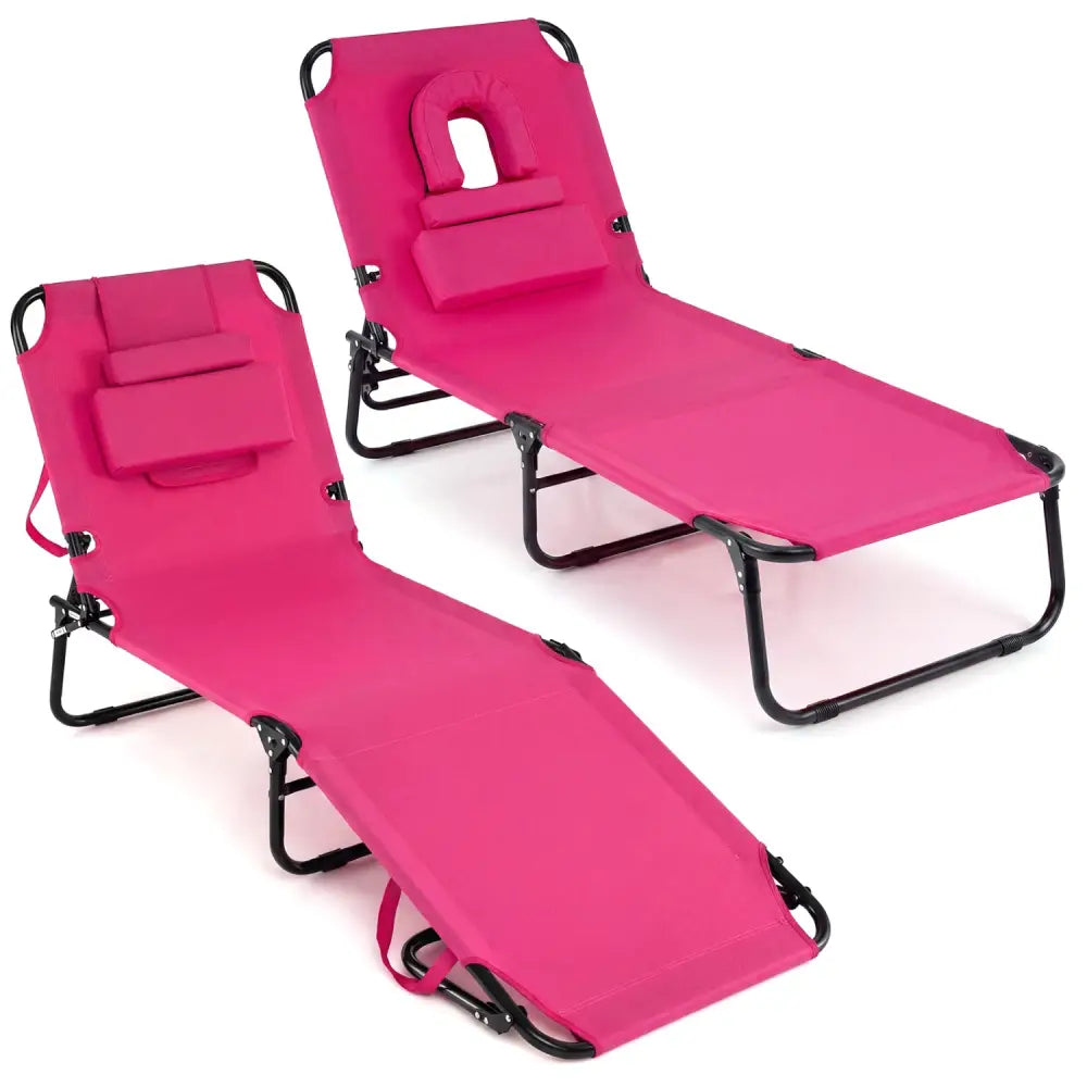 Set of 2 Folding Face Down Tanning Chair with Face Hole 3 Removable Pillows-Pink - Pink - Outdoor Chaise Lounges