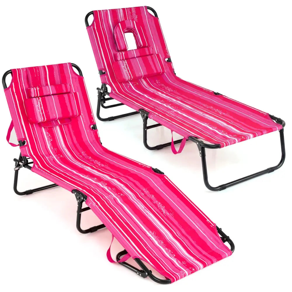 Set of 2 Folding Face Down Tanning Chair with Face Hole 3 Removable Pillows-Pink Stripe - Pink Stripe - Outdoor Chaise