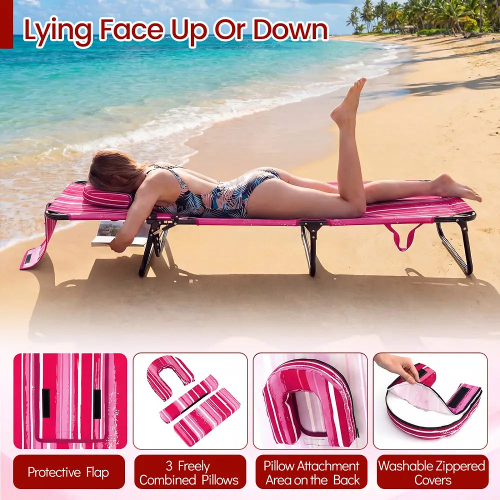 Set of 2 Folding Face Down Tanning Chair with Face Hole 3 Removable Pillows-Pink Stripe - Pink Stripe - Outdoor Chaise