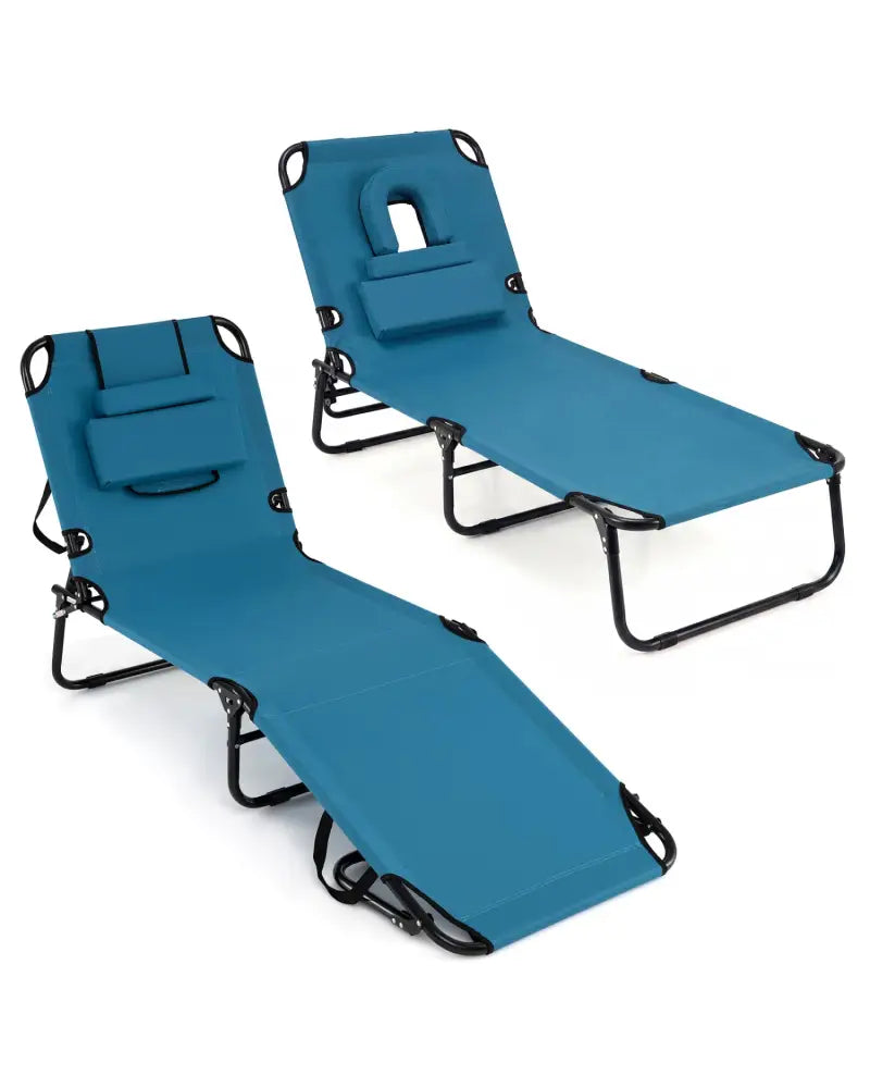 Set of 2 Folding Face Down Tanning Chair with Face Hole 3 Removable Pillows-Blue - Blue - Outdoor Chaise Lounges