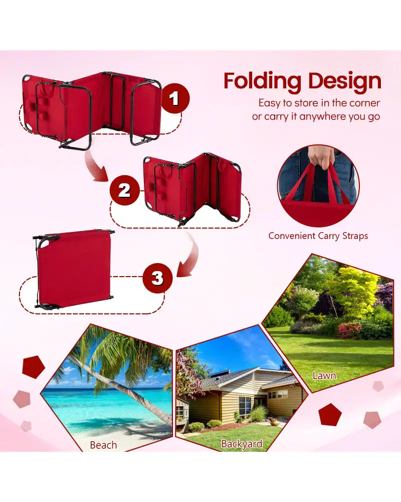 Set of 2 Folding Face Down Tanning Chair with Face Hole 3 Removable Pillows-Red - Red - Outdoor Chaise Lounges