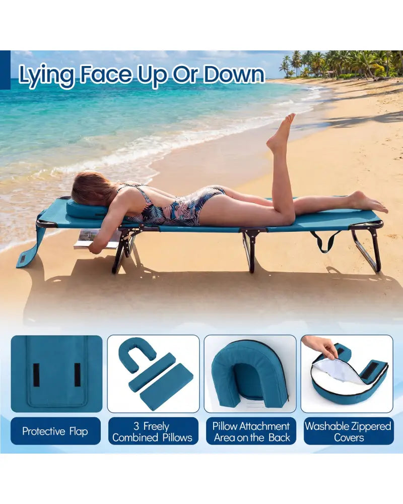 Set of 2 Folding Face Down Tanning Chair with Face Hole 3 Removable Pillows-Blue - Blue - Outdoor Chaise Lounges