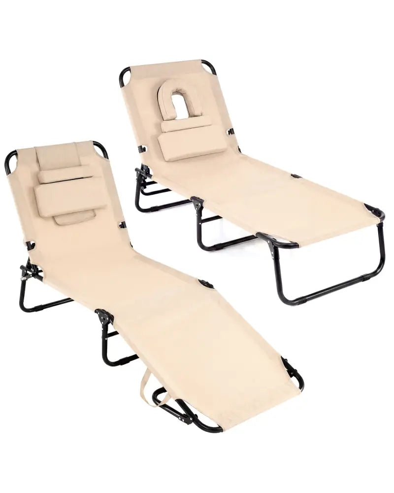 Set of 2 Folding Face Down Tanning Chair with Face Hole 3 Removable Pillows-Beige - Beige - Outdoor Chaise Lounges