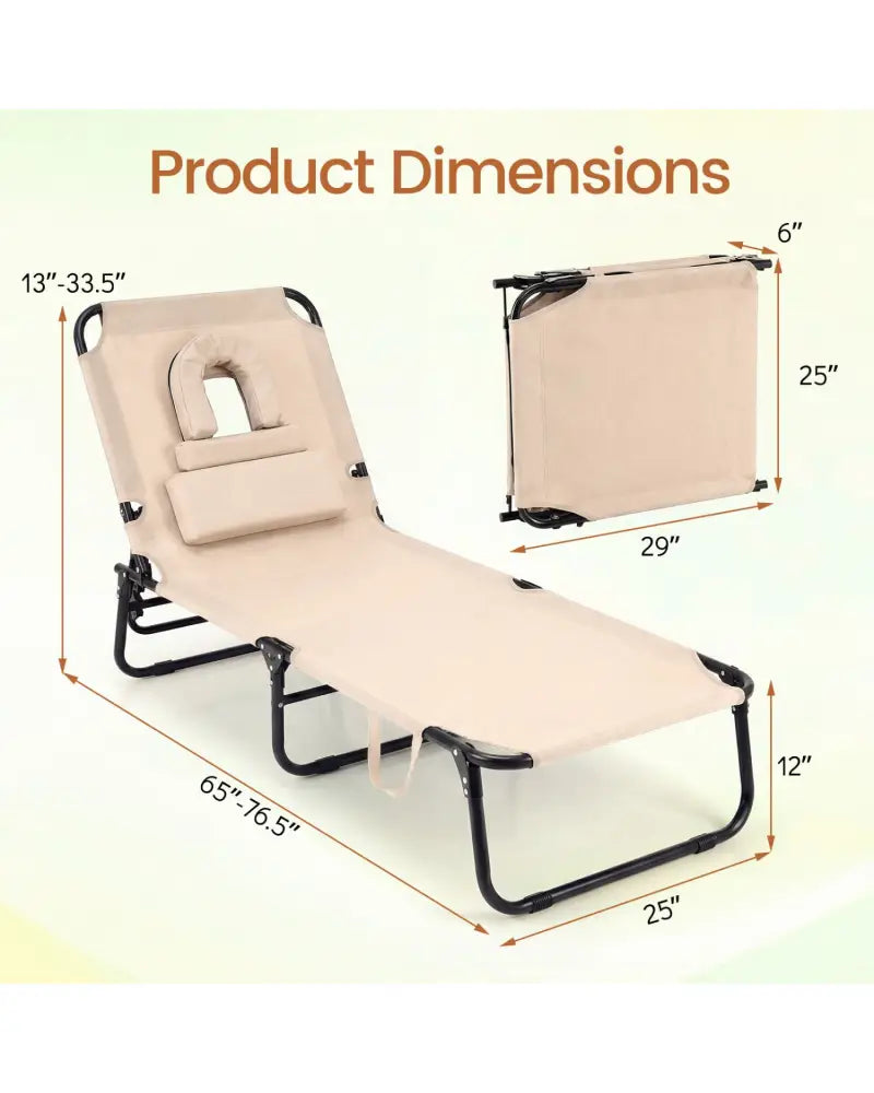 Set of 2 Folding Face Down Tanning Chair with Face Hole 3 Removable Pillows-Beige - Beige - Outdoor Chaise Lounges
