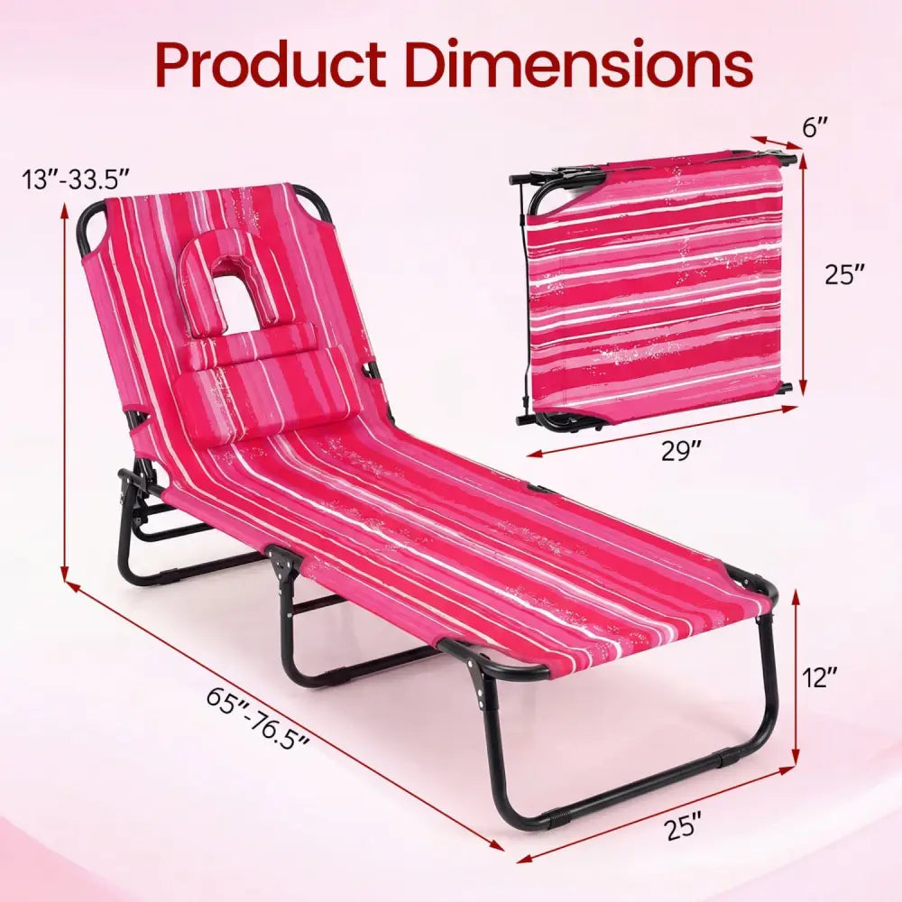 Set of 2 Folding Face Down Tanning Chair with Face Hole 3 Removable Pillows-Pink Stripe - Pink Stripe - Outdoor Chaise